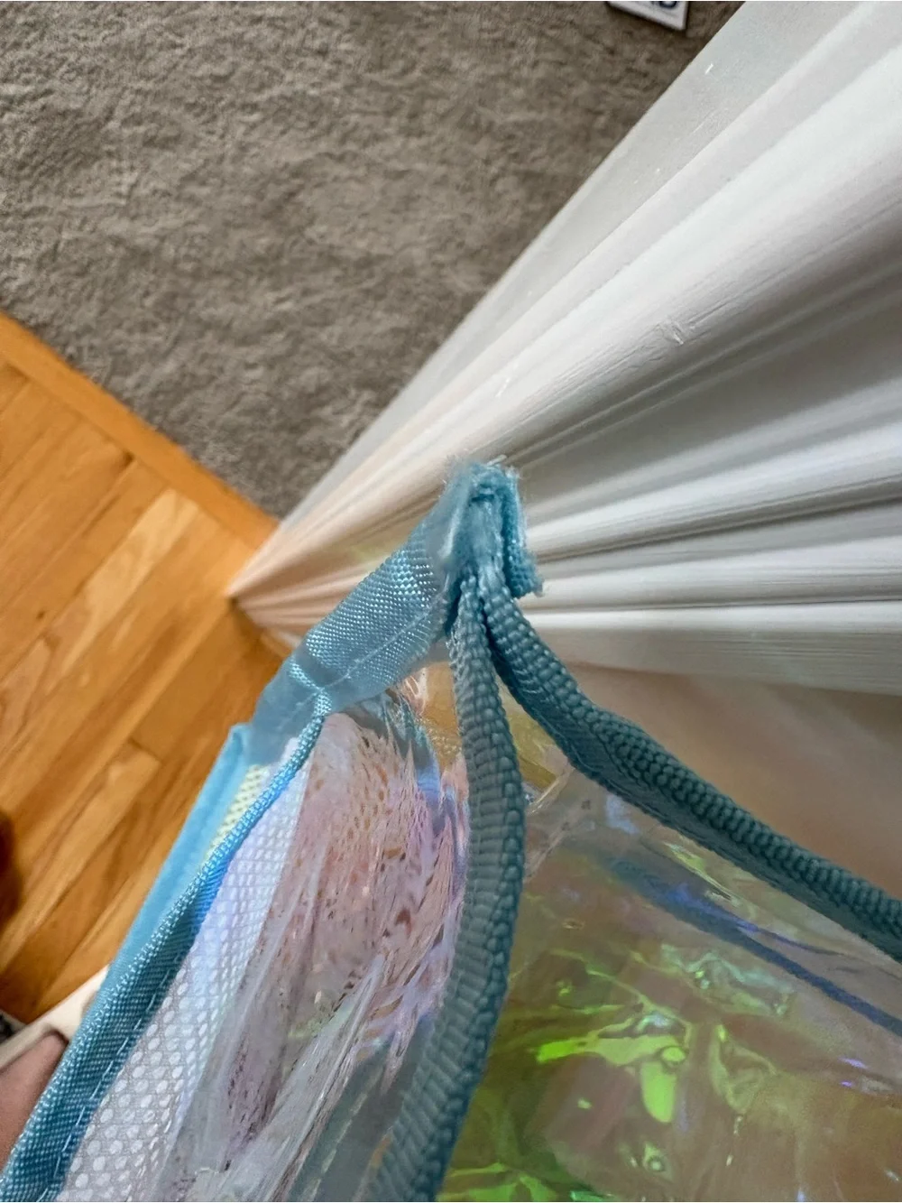 Amazon Iridescent Clear Tote Bag with Blue Handles - 'Beach Please'
